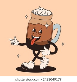 Funky groovy cartoon character Coffee sticker. Vintage funny mascot with psychedelic smile and emotion. Design art for cafe, bar, restaurant. Comic trendy vector illustration 70s 80s 90s style
