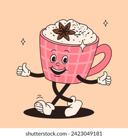 Funky groovy cartoon character Coffee sticker. Vintage funny mascot with psychedelic smile and emotion. Design art for cafe, bar, restaurant. Comic trendy vector illustration 70s 80s 90s style