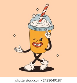 Funky groovy cartoon character Coffee sticker. Vintage funny mascot with psychedelic smile and emotion. Design art for cafe, bar, restaurant. Comic trendy vector illustration 70s 80s 90s style