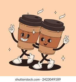 Funky groovy cartoon character Coffee sticker. Vintage funny mascot with psychedelic smile and emotion. Design art for cafe, bar, restaurant. Comic trendy vector illustration 70s 80s 90s style