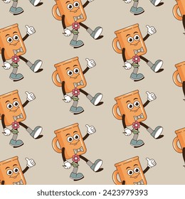 Funky groovy cartoon character Coffee seamless pattern. Vintage funny mascot backdrop psychedelic smile, emotion. Design art for cafe, bar, restaurant. Comic trendy vector illustration 90s style