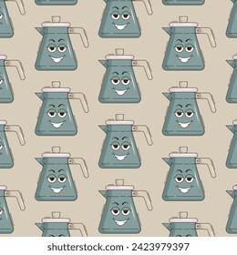 Funky groovy cartoon character Coffee seamless pattern. Vintage funny mascot backdrop psychedelic smile, emotion. Design art for cafe, bar, restaurant. Comic trendy vector illustration 90s style
