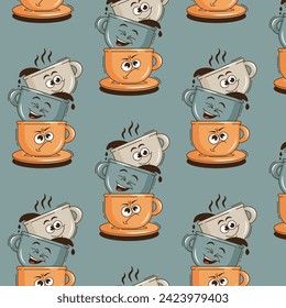 Funky groovy cartoon character Coffee seamless pattern. Vintage funny mascot backdrop psychedelic smile, emotion. Design art for cafe, bar, restaurant. Comic trendy vector illustration 90s style