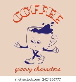 Funky groovy cartoon character Coffee sticker. Vintage funny mascot with psychedelic smile and emotion. Design art for cafe, bar, restaurant. Comic trendy vector illustration 70s 80s 90s style