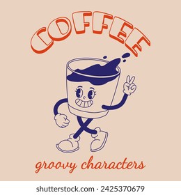 Funky groovy personaje de dibujos animados Coffee sticker. Mascota divertida vintage con sonrisa psicodélica y emoción. Arte de diseño para cafetería, bar, restaurante. Ilustración vectorial de moda cómica 70s 80s 90s estilo