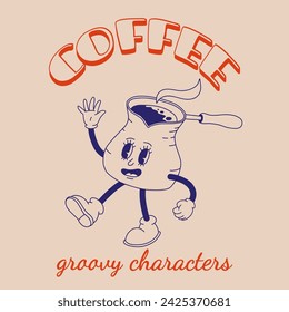 Funky groovy cartoon character Coffee sticker. Vintage funny mascot with psychedelic smile and emotion. Design art for cafe, bar, restaurant. Comic trendy vector illustration 70s 80s 90s style