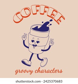 Funky groovy personaje de dibujos animados Coffee sticker. Mascota divertida vintage con sonrisa psicodélica y emoción. Arte de diseño para cafetería, bar, restaurante. Ilustración vectorial de moda cómica 70s 80s 90s estilo