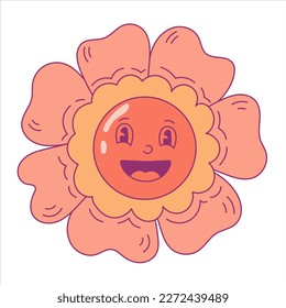 Funky Groovy Flower Vector. Funny hand drawn retro flower character in trendy cartoon style. Cute doodle flower for kids, print, greeting card