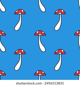 Funky groovy hippie cartoon baby hare or rabbit and fly agaric mushroom fairytale funny groovy whimsical flat art seamless pattern. Doodle characters. Hand-drawn bohemian childish guys. Magic boho