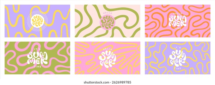 Funky groovy maze 1:2 colorful backgrounds set. Hello it's summer time hand lettering. Hippie doodle banners collection. Uneven hand drawn wavy twisted deformed fluid uneven organic curved bold lines.