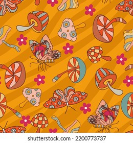 Funky Groovy Mushrooms and Butterfly Vector Seamless Pattern