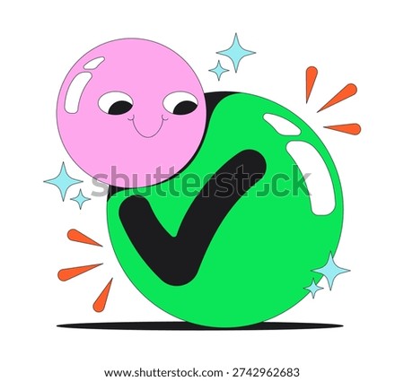 Funky groovy positive checkmark flash message success illustration. Happy task completion. Playful approval confirmed. Done UI state. Web design. Mobile onboarding. Flat vector concept. Micro UX scene