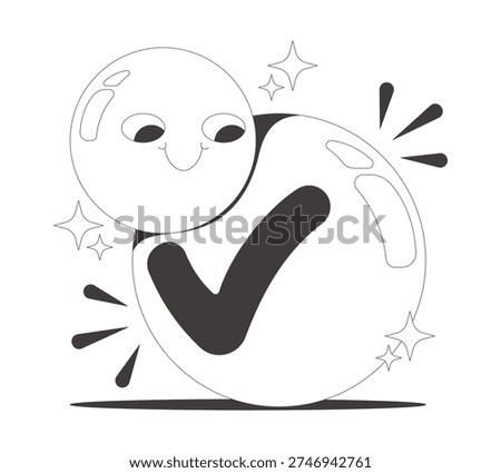 Funky groovy positive checkmark flash message success line illustration. Happy task completion. Playful approval confirmed. Done UI state. Mobile web design. Black white vector concept. Micro UX scene