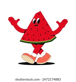 Funky groovy retro fruit character. Comic mascot of walking watermelon with happy smile face, hands and feet. Groovy summer vector illustration isolated on transparent background.