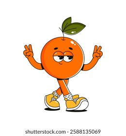 Funky groovy retro orange character. Comic mascot of walking fruit with happy smile face, hands and feet. Summer isolated vector illustration