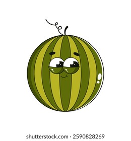 Funky groovy retro watermelon character. Comic mascot fruit with happy smile face. Summer isolated vector illustration 70s, 80s vintage style