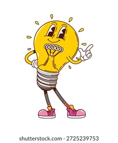 Funky groovy smiling retro light bulb character. Isolated cartoon vector playful yellow lamp personage with vintage sneakers and peace sign, embodying bright idea, creativity and cheerful energy vibe
