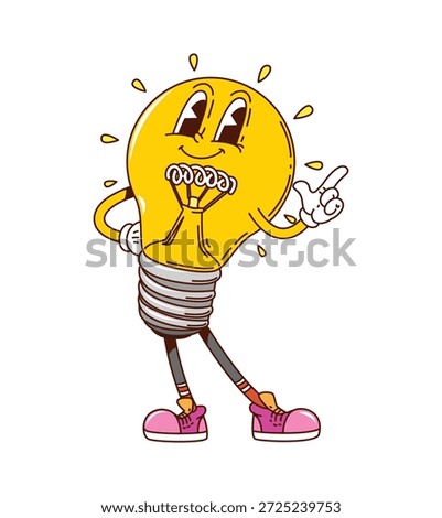 Funky groovy smiling retro light bulb character. Isolated cartoon vector playful yellow lamp personage with vintage sneakers and peace sign, embodying bright idea, creativity and cheerful energy vibe