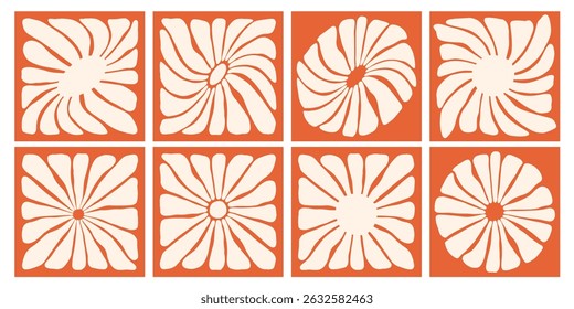 Funky groovy sun or flower elements set. Doodle retro hippie style sunshine
