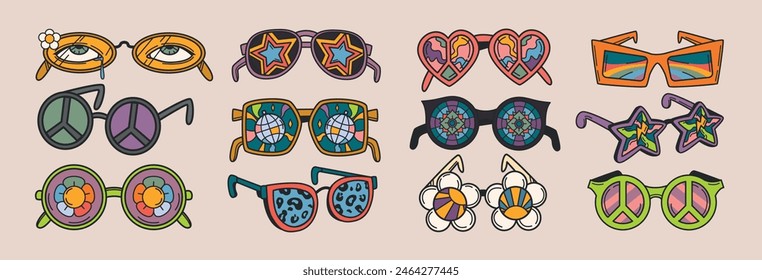 Funky groovy sunglasses set in circle, heart, daisy flower or star shape. Summer psychedelic eyeglasses with trippy eyes, leopard print and disco ball in retro 70s hippie style. Vintage hippy eyewears