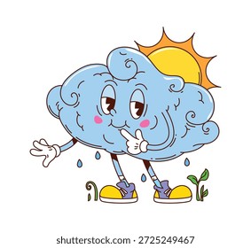 Funky grooviger Vektorcharakter von flauschig süßer Wolke mit rosafarbenen Wangen und nachdenklichem Lächeln steht neben einer strahlenden Sonne, kleine Regentropfen und grüne Sprossen erscheinen unten. Lustige Figur mit Comic-Ausdruck