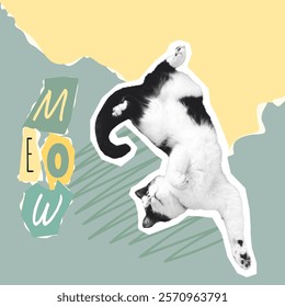 Funky halftone Cat Poster with torn paper Text and Abstract Design