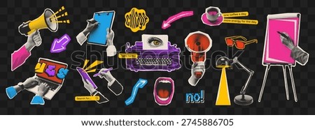 Funky halftone collage set with hands, megaphone, laptop, typewriter and creative elements. Retro pop art cut-out graphics isolated on transparent background for bold designs.