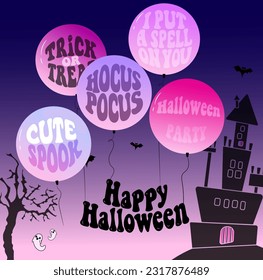 A Funky Halloween Party with a Retro Twist. Vector Illustration of Black House and Pink Balloons with Groovy Lettering