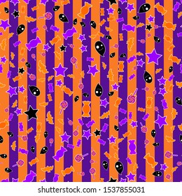 Funky Halloween pattern with ghosts, candies, lollipops and bats