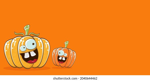 Funky Halloween or thanksgiving day horizontal banner with vector funny cartoon cute smiling friends pumpkins isolated on orange background.