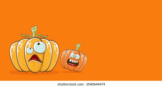 Funky Halloween or thanksgiving day horizontal banner with vector funny cartoon cute smiling friends pumpkins isolated on orange background.