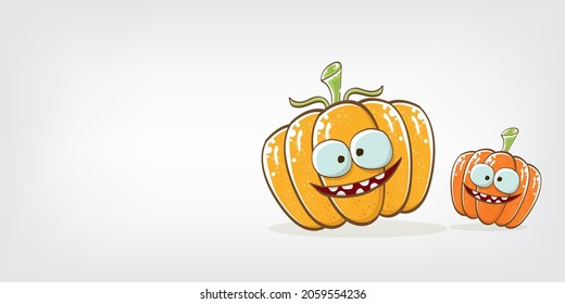 Funky Halloween or thanksgiving day horizontal banner with vector funny cartoon cute smiling friends pumpkins isolated on grey background. Cartoon pumpkins