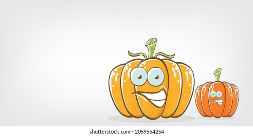 Funky Halloween or thanksgiving day horizontal banner with vector funny cartoon cute smiling friends pumpkins isolated on grey background. Cartoon pumpkins