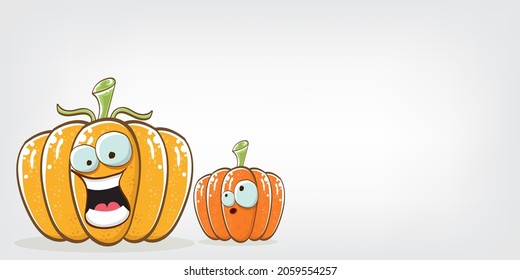Funky Halloween or thanksgiving day horizontal banner with vector funny cartoon cute smiling friends pumpkins isolated on grey background. Cartoon pumpkins