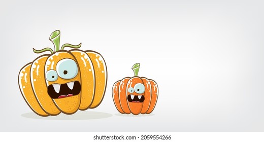 Funky Halloween or thanksgiving day horizontal banner with vector funny cartoon cute smiling friends pumpkins isolated on grey background. Cartoon pumpkins