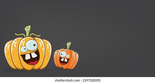 Funky Halloween or thanksgiving day horizontal banner with vector funny cartoon cute smiling friends pumpkins isolated on grey background. Vector Cartoon pumpkins set and collection