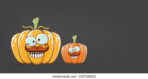 Funky Halloween or thanksgiving day horizontal banner with vector funny cartoon cute smiling friends pumpkins isolated on grey background. Vector Cartoon pumpkins set and collection