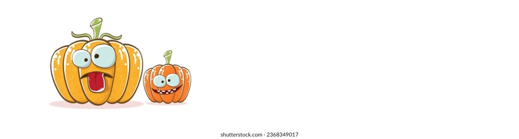 Funky Halloween or thanksgiving day horizontal banner with vector funny cartoon cute smiling friends pumpkins isolated on white background.