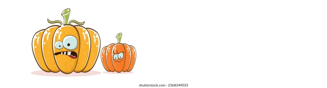 Funky Halloween or thanksgiving day horizontal banner with vector funny cartoon cute smiling friends pumpkins isolated on white background.