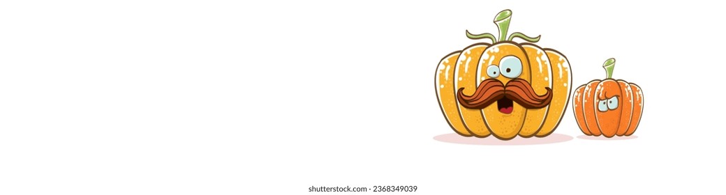 Funky Halloween or thanksgiving day horizontal banner with vector funny cartoon cute smiling friends pumpkins isolated on white background.