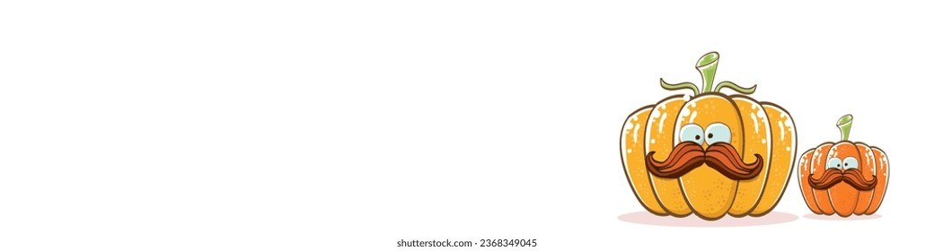 Funky Halloween or thanksgiving day horizontal banner with vector funny cartoon cute smiling friends pumpkins isolated on white background.
