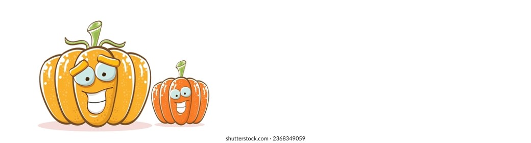Funky Halloween or thanksgiving day horizontal banner with vector funny cartoon cute smiling friends pumpkins isolated on white background.
