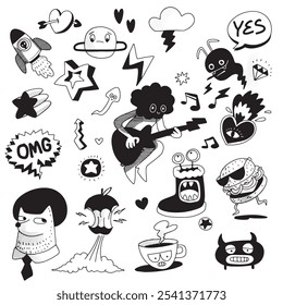 Funky hand drawn doodle icons featuring a guitarist, quirky faces, and expressive symbols with Halftone effect, isolated on a white background