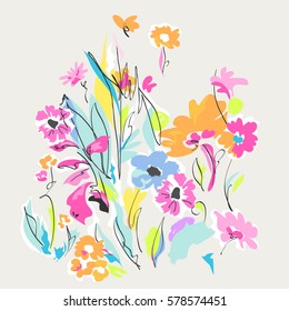 Funky hand drawn mix of flowers and leaves - vector illustration