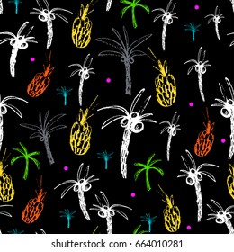 Funky hand drawn palms and pineapples in seamless pattern in vector. Set of exotic fruit and palms