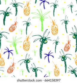 Funky hand drawn palms and pineapples in seamless pattern in vector. Set of exotic fruit and palms