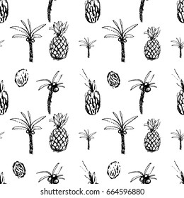 Funky hand drawn palms and pineapples in seamless pattern in vector. Black set of exotic fruit and palms on white isolated background