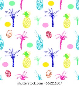 Funky hand drawn palms and pineapples in seamless pattern in vector. Set of exotic fruit and palms