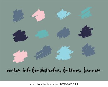 Funky Hand Drawn Vector Banners Set. Blue, Pink, Purple Splats, Paintbrush Lipstick Smears. Hipster Graffiti Ads Background, Vintage Paintbrush Doodles. Trendy Fashion Ink Vector Banners Set.