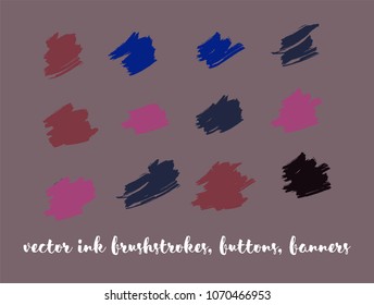 Funky Hand Drawn Vector Banners Set. Blue, Pink, Purple Splats, Brushstrokes, Lipstick Smears. Modern Graffiti Ads Background, Artistic Paintbrush Doodles. Noble VIP Fashion Ink Vector Banners Set.